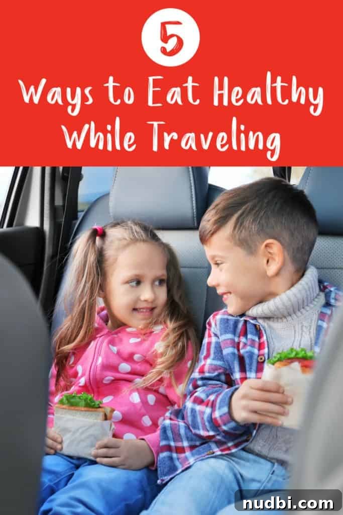 Family enjoying healthy snacks during a road trip, showcasing various fruits, vegetables, and pre-packed meals for easy travel.
