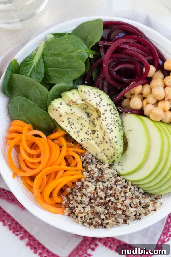 Harvest Buddha Bowl with Lemon Tahini Dressing and spiralized vegetables