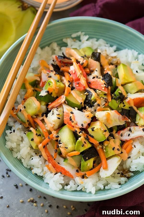 Deconstructed California Roll Sushi Bowl with rice and fresh ingredients