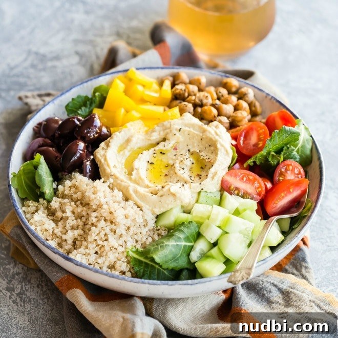 Easy Mediterranean Buddha Bowl with quinoa and roasted chickpeas