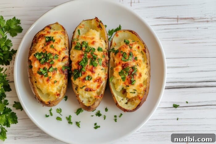 Baked potatoes on a white dish atop a light wooden surface