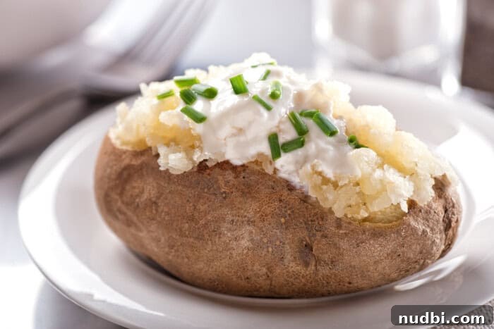 A delicious oven-baked potato with sour cream and chives.