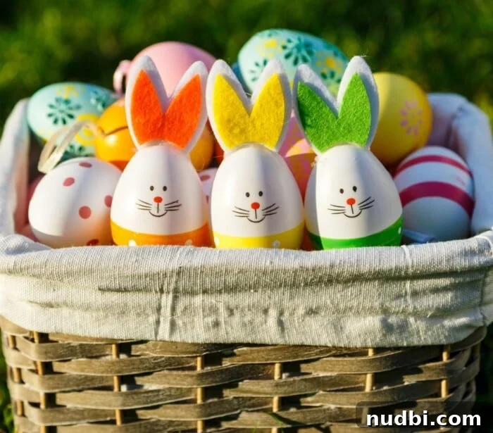 A beautifully arranged Easter basket filled with healthy snacks and non-food items, symbolizing a healthier approach to holiday treats.