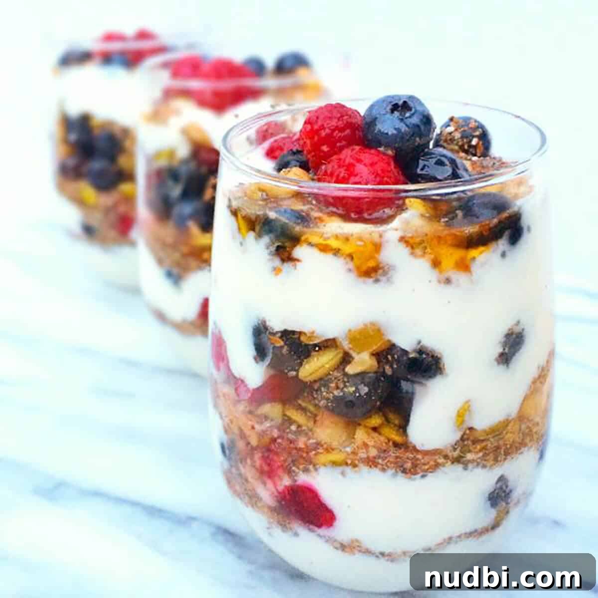 A vibrant parfait with fruit and yogurt, symbolizing healthy food choices over processed alternatives.
