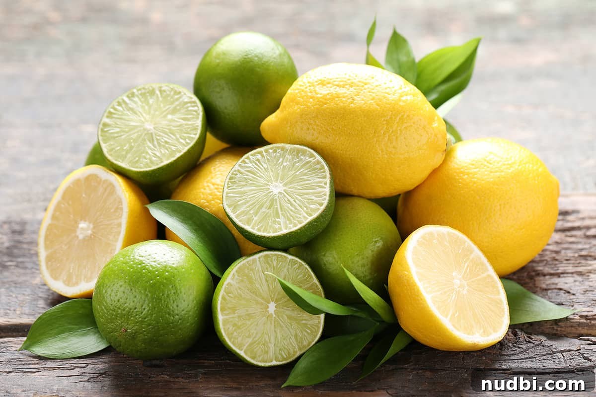 Bright yellow lemons and green limes