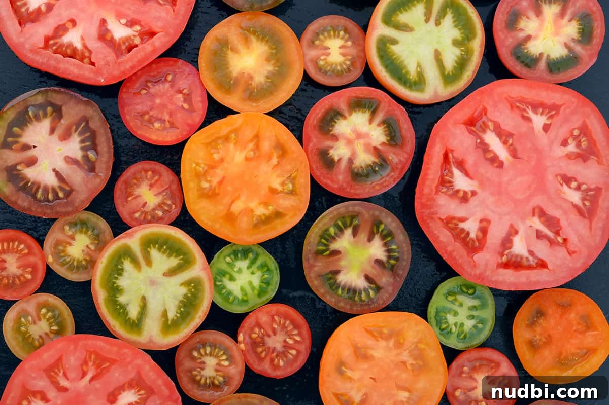 Different varieties of sliced tomatoes on a dark background