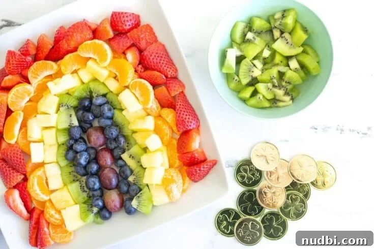 Colorful rainbow fruit tray with a variety of fresh fruits