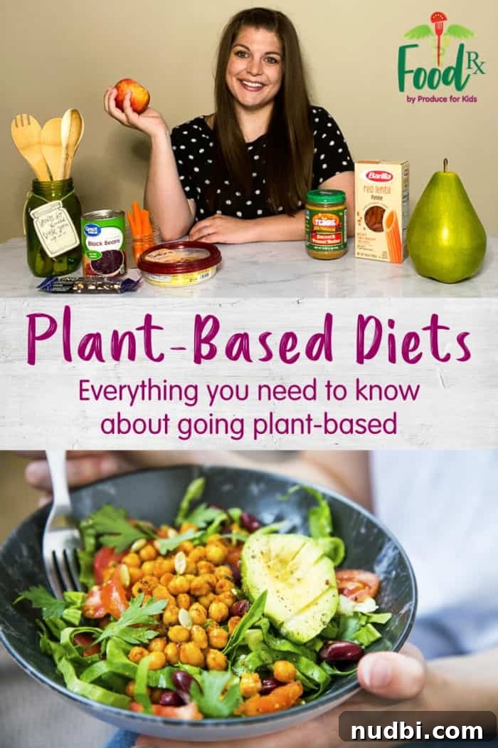 Woman holding apple with various plant-based food items like beans, hummus, and pasta, in front of her on counter. 