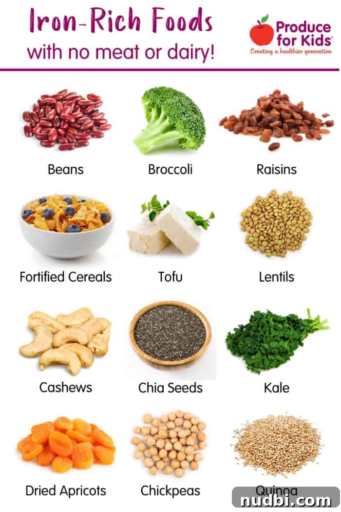 Infographic of plant-based or vegan food sources of iron.