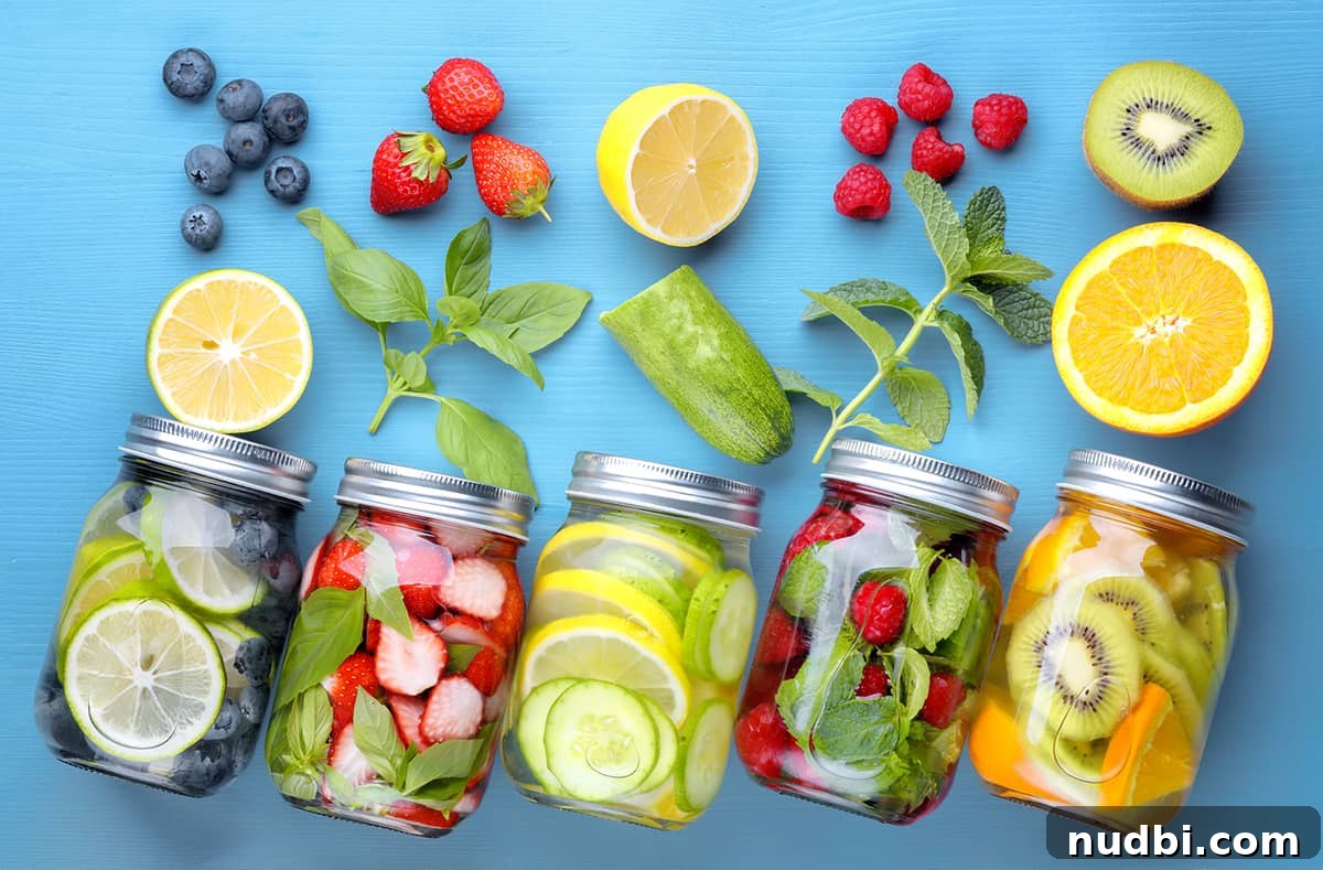 Mason jars filled with refreshing water and various sliced fruits on a blue background, illustrating infused water.