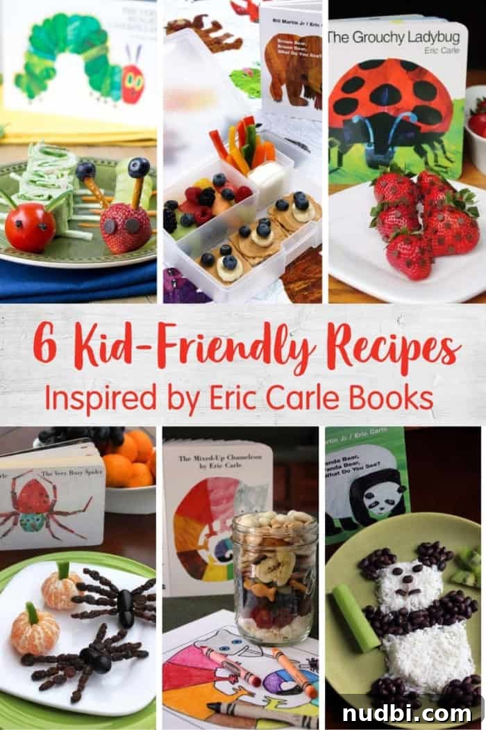 Cook Up a Story: 6 Kid-Friendly Recipes Inspired by Eric Carle 2 A collage of six kid-friendly food ideas inspired by Eric Carle books, including The Very Hungry Caterpillar, Brown Bear, Brown Bear, and more.