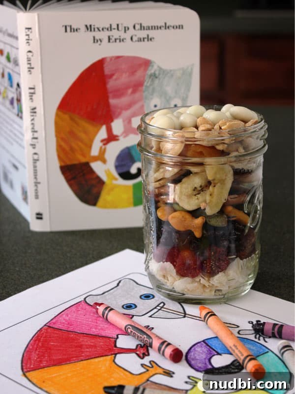 A colorful trail mix inspired by The Mixed-Up Chameleon, featuring various fruits, nuts, and seeds.