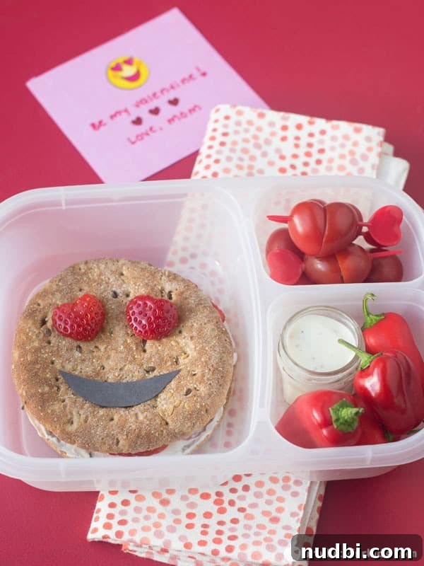 A colorful Valentine's Day emoji bento box filled with various healthy snacks and treats.
