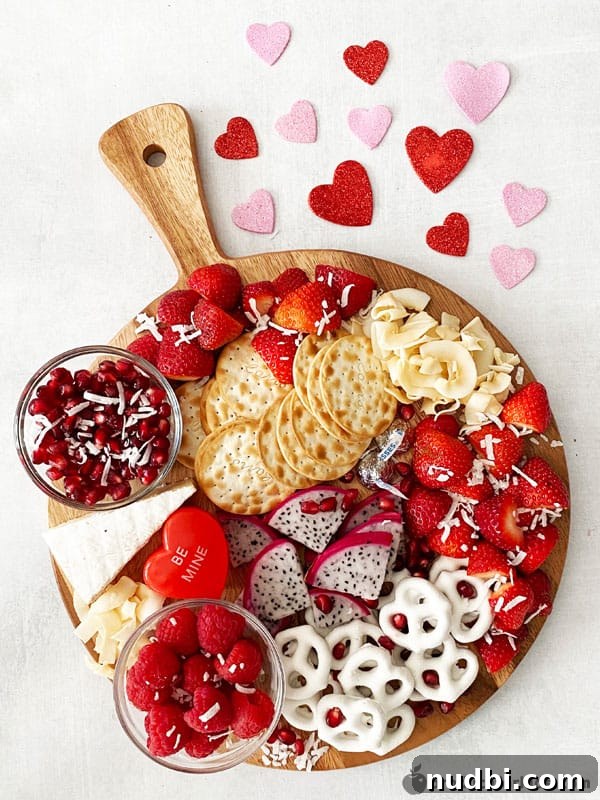 A beautifully arranged Valentine's Day snack board with various healthy fruits, cheeses, and dips.