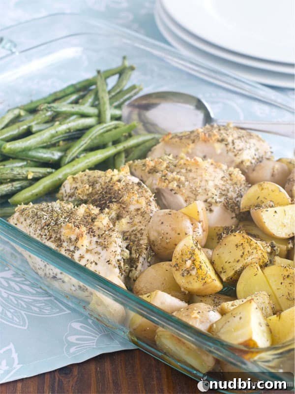 Easy One-Dish Chicken and Veggie Bake with green beans and potatoes