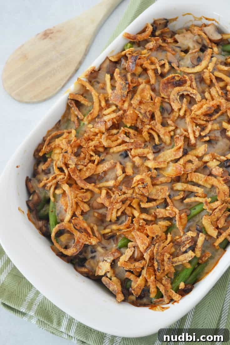 Vegan Green Bean Casserole with crispy fried onions