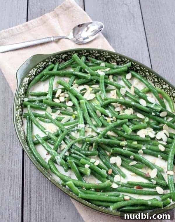 Healthy Green Bean Casserole topped with crunchy almonds