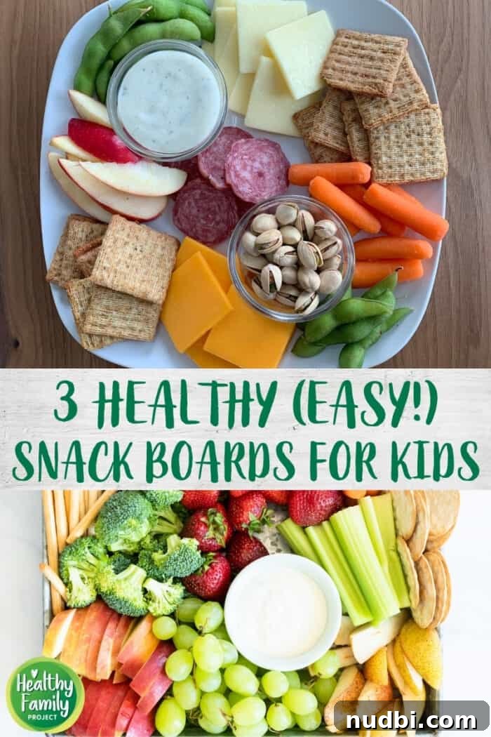 A vibrant and colorful healthy snack board for kids, featuring a variety of fruits, vegetables, and proteins, expertly arranged to encourage healthy eating.