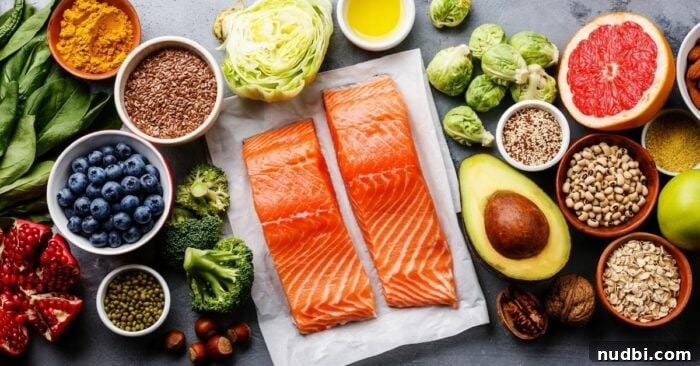A selection of anxiety-reducing foods including salmon, avocado, chamomile tea, and berries, arranged aesthetically.