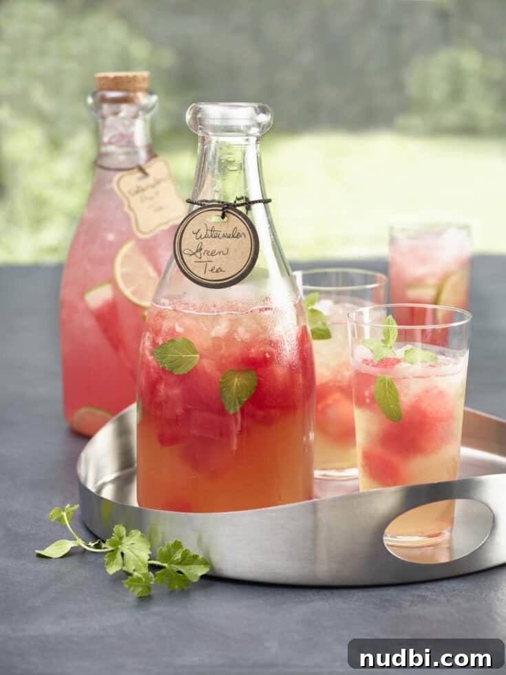 Watermelon green tea served in a glass with ice and mint.