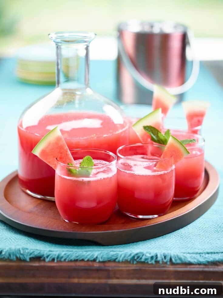 Fresh watermelon juice in a glass, with watermelon chunks in the background.