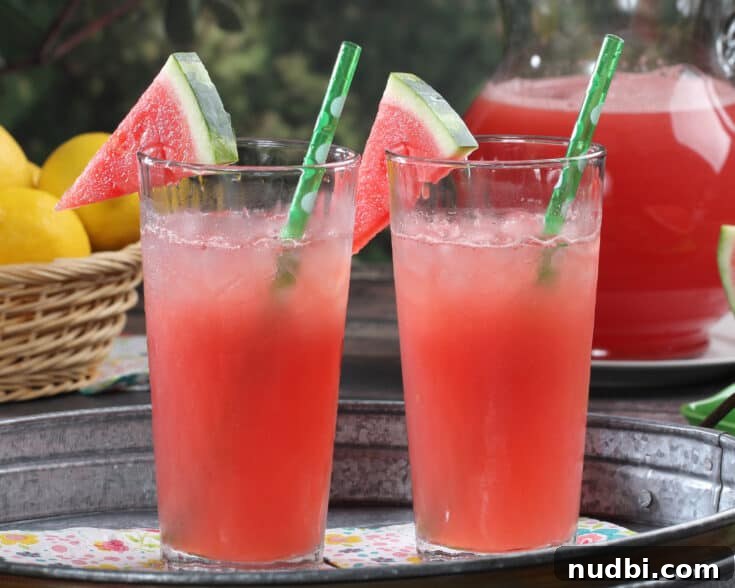 Refreshing watermelon cooler with ice and mint garnish.