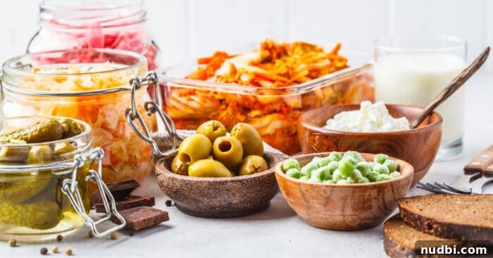 Various healthy foods like fruits, vegetables, and fermented items beneficial for gut health