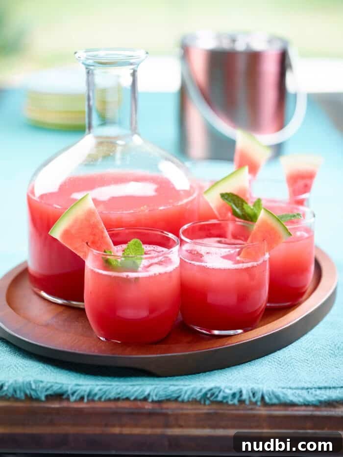 A refreshing glass of watermelon juice garnished with a slice of fresh watermelon.