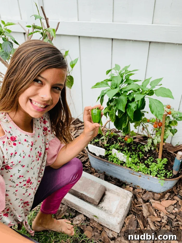 Unlock Your Green Thumb 5 A young girl happily picking fresh peppers from a lush garden bed, illustrating the joy of harvesting homegrown produce.