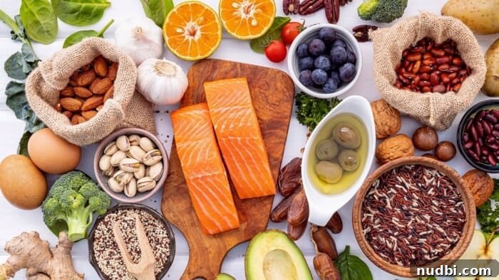 Various healthy foods like fruits, vegetables, and nuts, representing a heart-healthy diet.