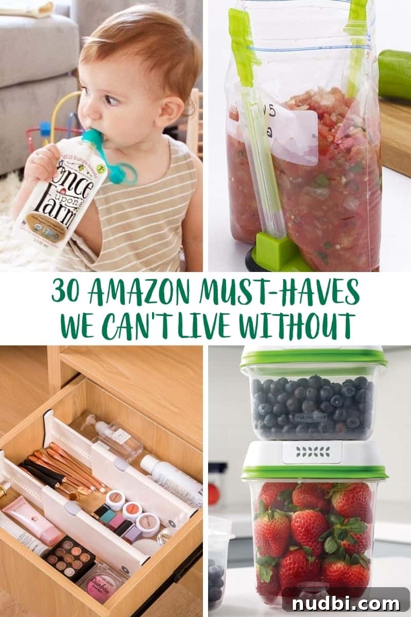 A vibrant collage showcasing a variety of Amazon must-have products, including kitchen tools, home organizers, and personal care items, perfect for simplifying daily life.