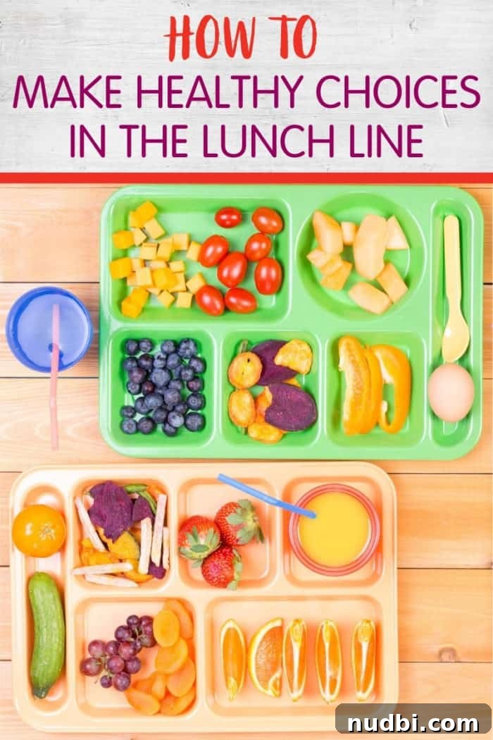 Fuel Your Day: Smart Choices on the School Lunch Line 2 Happy child choosing healthy food in a school lunch line