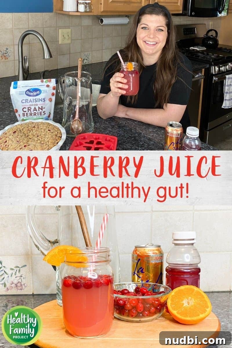Unlocking Gut Wellness: The Cranberry Juice Advantage 2 A vibrant collage depicting a woman in a kitchen holding a refreshing beverage, alongside a display of various healthy drinks on a counter. The image symbolizes a journey towards improved gut health through nutritious choices, highlighting the benefits of cranberries.