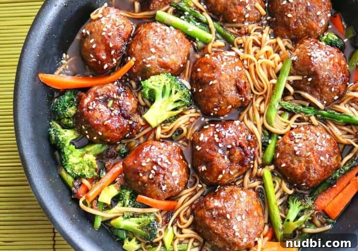 One-pot sesame chicken meatballs with lo mein