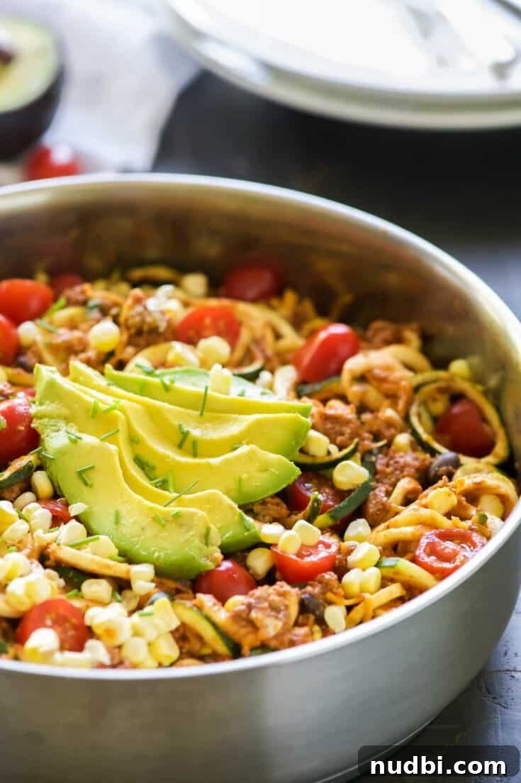 One-pot cheesy taco zucchini noodles skillet