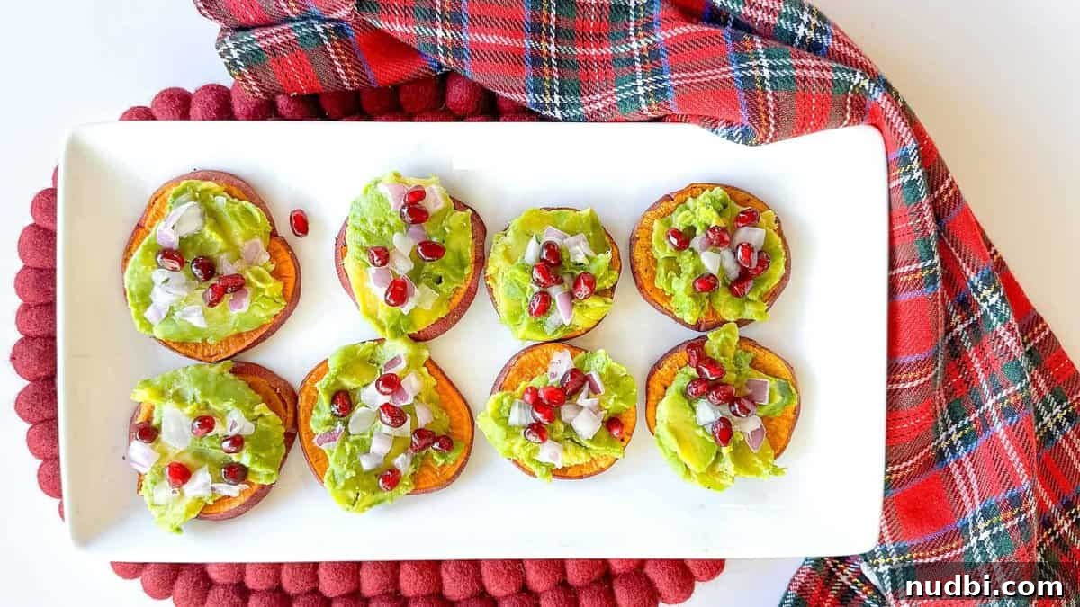 Holiday Crostini Bite-Sized Festivities 7 Guacamole Sweet Potato Rounds on a serving plate