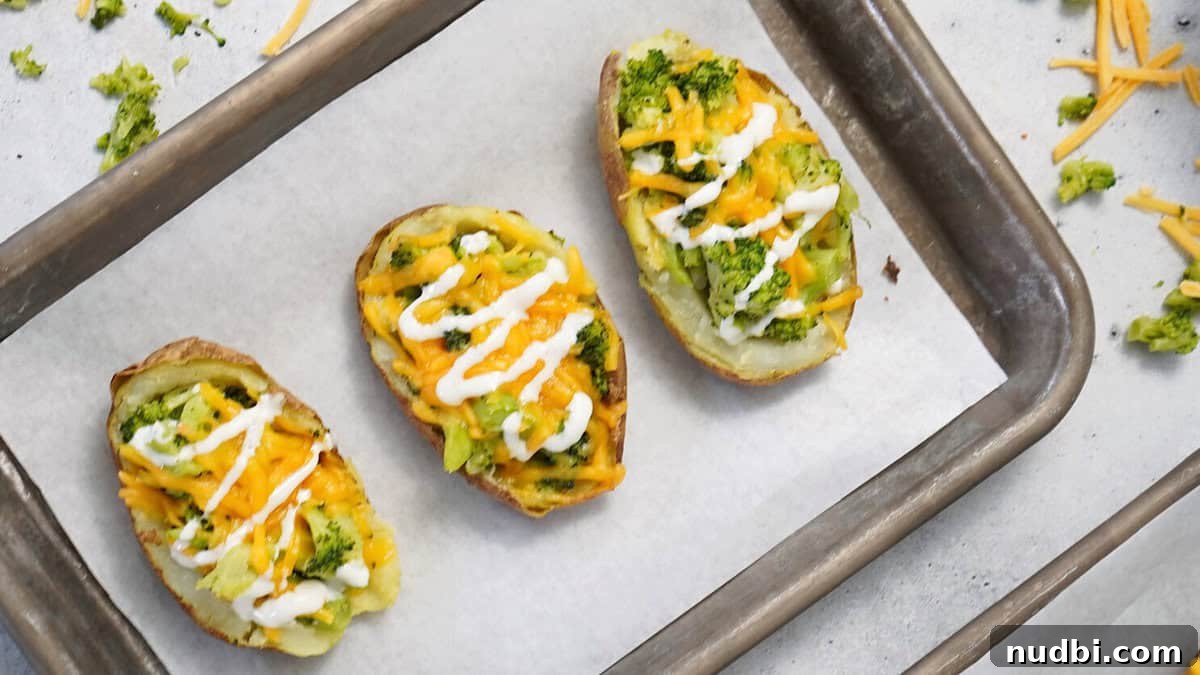 Wholesome Broccoli Cheddar Stuffed Potato Skins garnished with fresh parsley