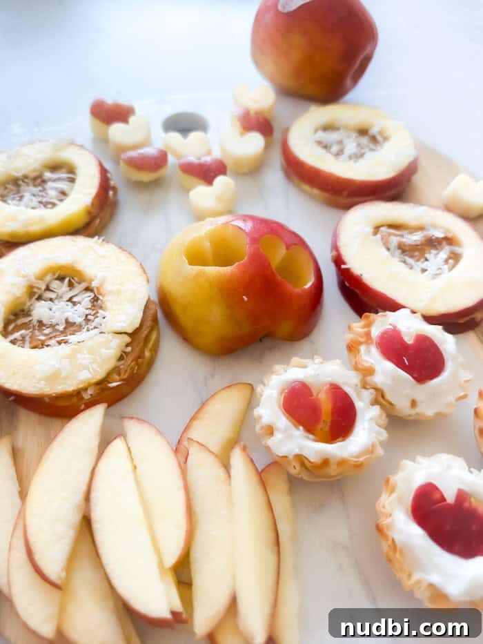 Healthy Valentine's Day Snack Board Ideas: 4 Delicious Apple Recipes 3 Close-up of the Valentine's Day apple board showing various apple snacks