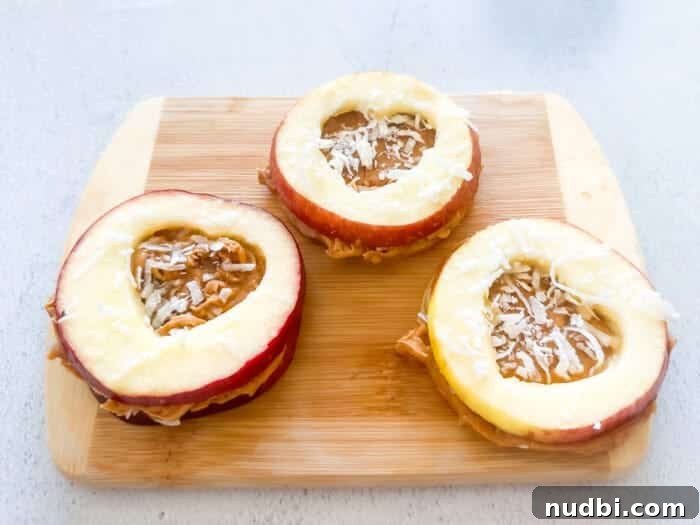 Healthy Valentine's Day Snack Board Ideas: 4 Delicious Apple Recipes 5 Apple peanut butter sandwiches with coconut topping
