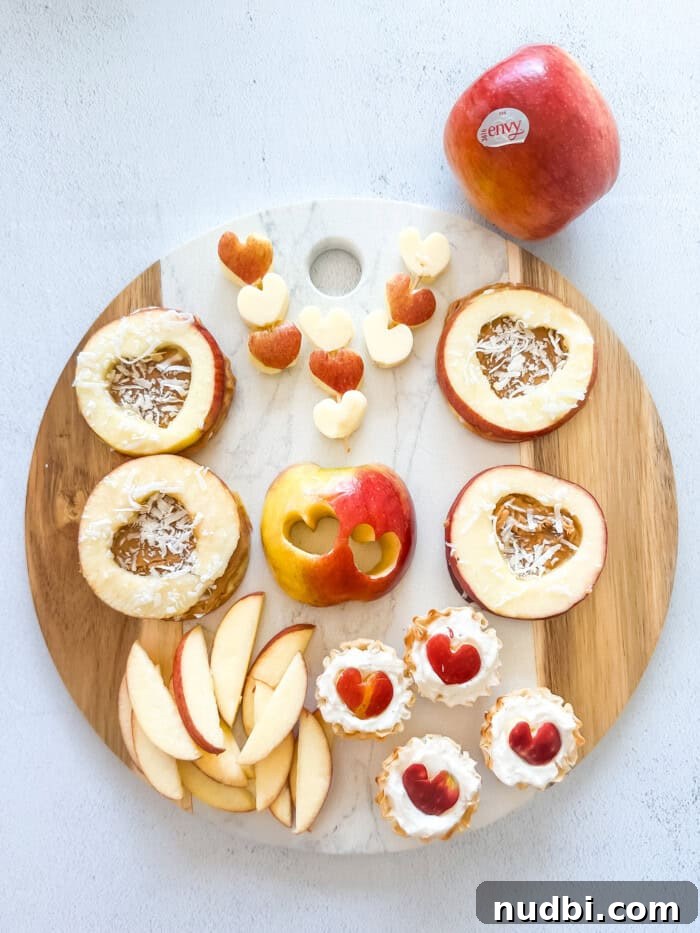 Healthy Valentine's Day Snack Board Ideas: 4 Delicious Apple Recipes 8 Overhead view of a complete Valentine's Day apple snacking board