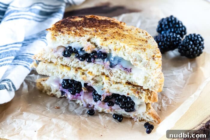 A close-up of a gourmet Blackberry Grilled Cheese sandwich, showing melted cheese and juicy blackberries.