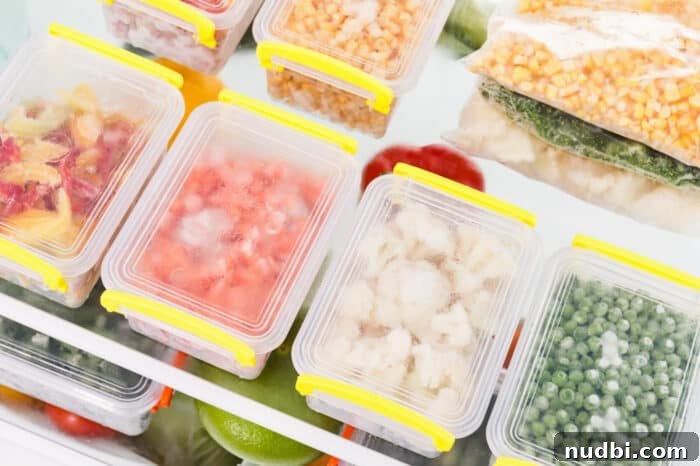 A freezer stocked with various neatly labeled containers of healthy make-ahead meals.