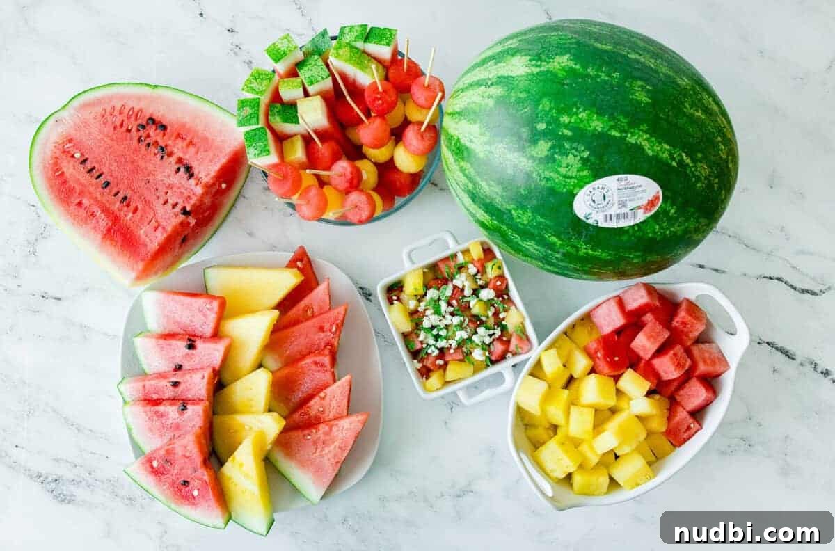 Colorful summer watermelon spread with salsa, skewers, and sliced varieties. A colorful summer spread featuring sliced red and yellow watermelon, highlighting the versatility, flavor, and seasonal appeal of sustainably grown watermelon.