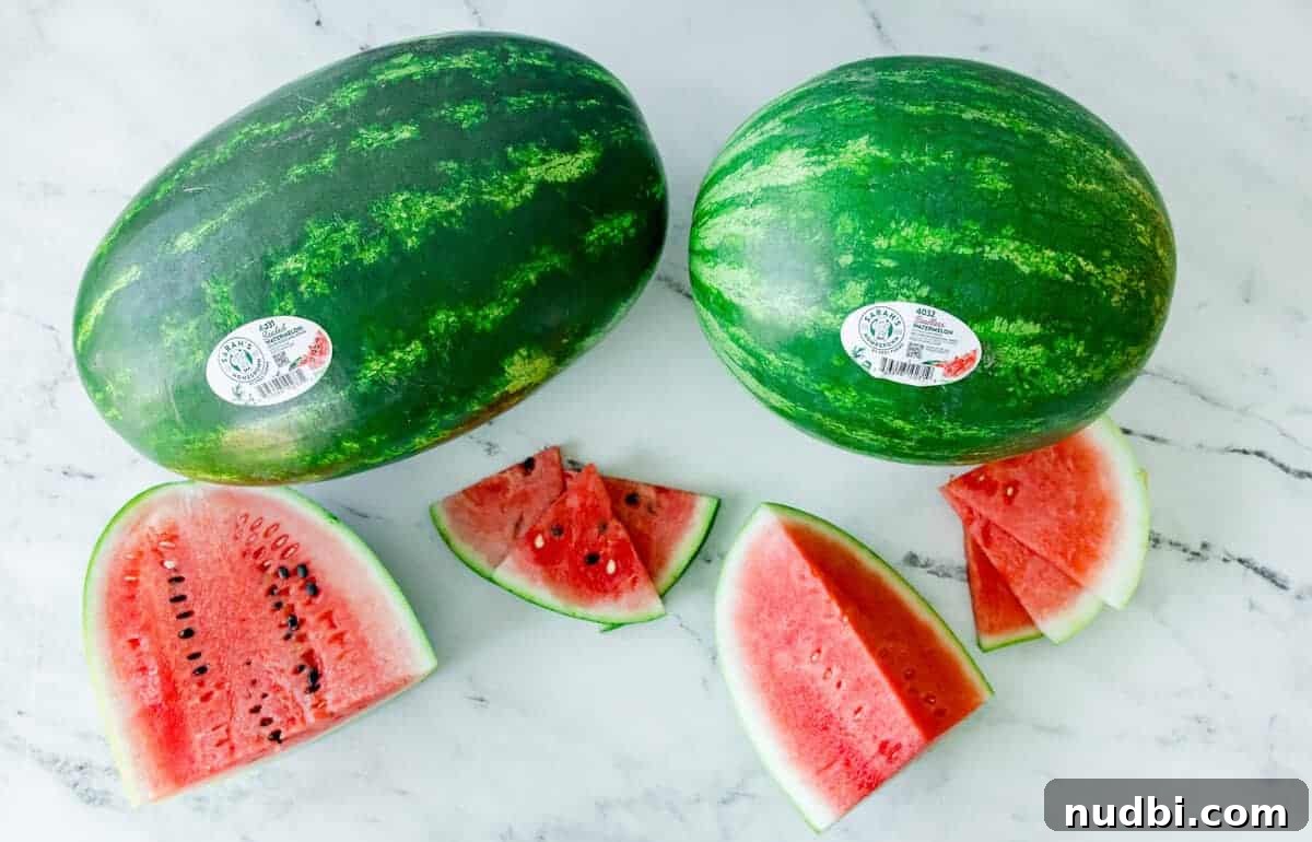 Seeded and seedless red watermelon side by side with sliced pieces. Two whole red watermelons - one seeded and one seedless -- next to sliced wedges on a marble surface, highlighting the visual difference between varieties.