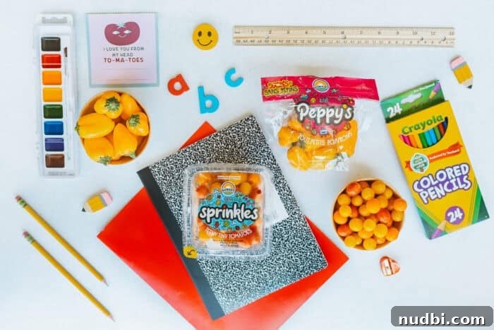 A vibrant flat lay of back-to-school essentials includes colorful Sunset® Sprinkles tomatoes, crisp Peppy's teeny tiny peppers, bright colored pencils, stack of notebooks, a watercolor paint set, traditional pencils, a clear ruler, and playful alphabet magnets, all arranged on a clean white background.