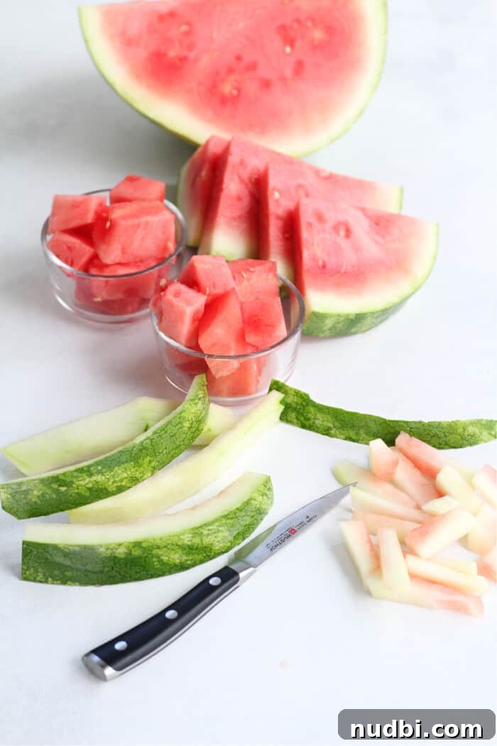 Close-up of watermelon rind, highlighting its potential for culinary use.