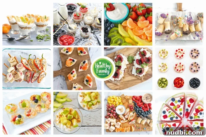 Collage of healthy kid-friendly snacks and meals featuring yogurt parfaits, fruit and yogurt bowls, cream cheese fruit dip with fresh fruit, cheese and pepper snacks, fruit pizza, snack boards, and simple dairy and produce pairings for families.