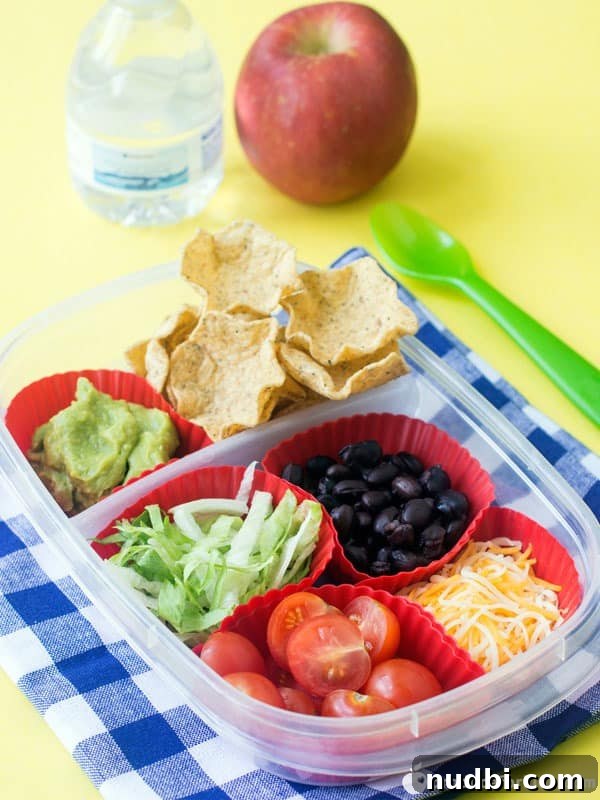 DIY Nachos Lunchbox, with separate compartments for chips, beans, cheese, and guacamole.
