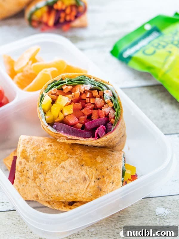 Rainbow Veggie Wraps, colorful vegetable wraps with a ranch drizzle.