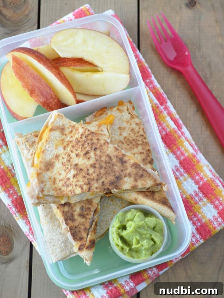 Cheese & Bean Quesadilla Bento Box, with cut quesadilla triangles, fruit, and vegetable sticks.